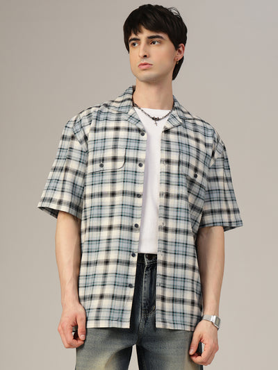 Blue & Cream Checked Oversized Cotton Shirt