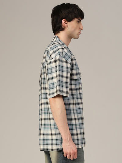 Blue & Cream Checked Oversized Cotton Shirt