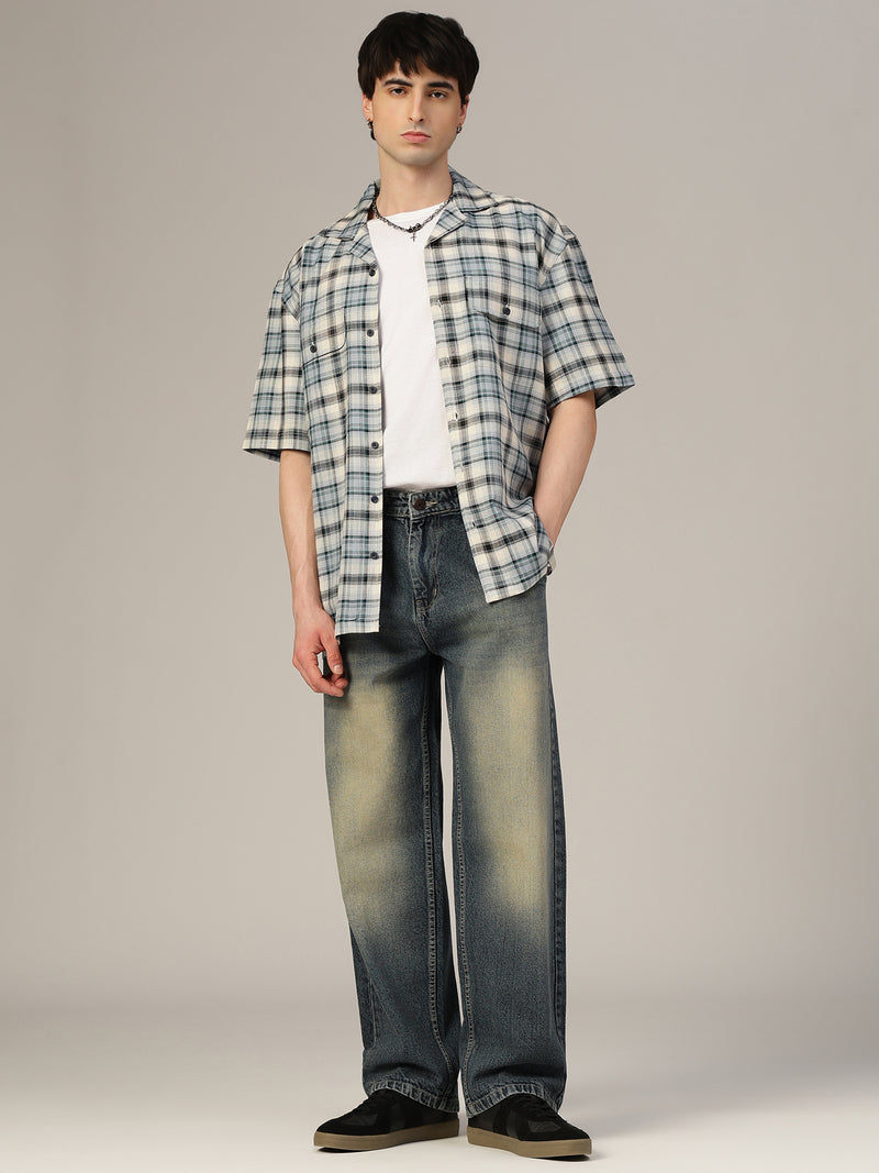 Blue & Cream Checked Oversized Cotton Shirt