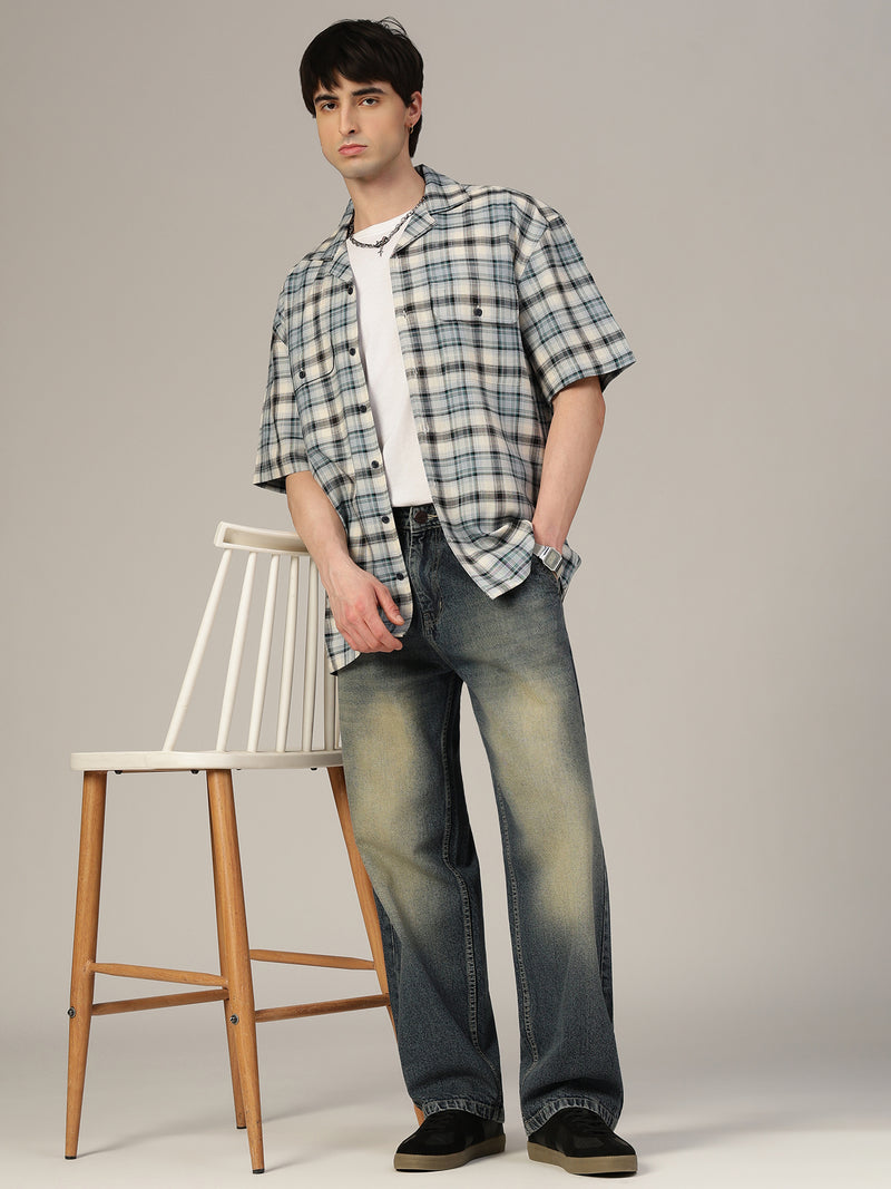 Blue & Cream Checked Oversized Cotton Shirt