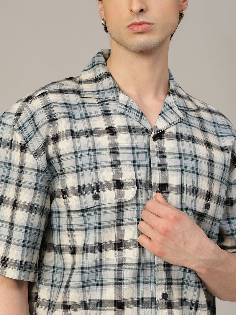 Blue & Cream Checked Oversized Cotton Shirt