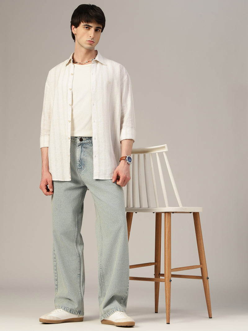 Man wearing a Off white and Beige Checked Oversized Linen Shirt