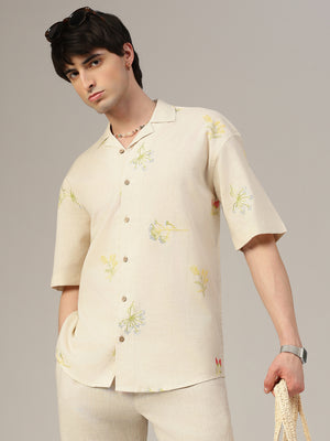 Off White Embroidered Oversized Casual Shirt