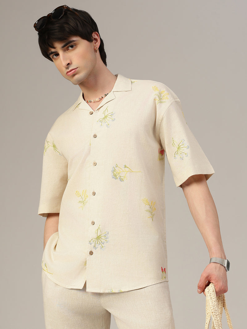 Off White Embroidered Oversized Casual Shirt