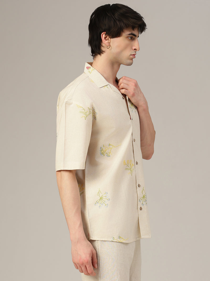 Off White Embroidered Oversized Casual Shirt