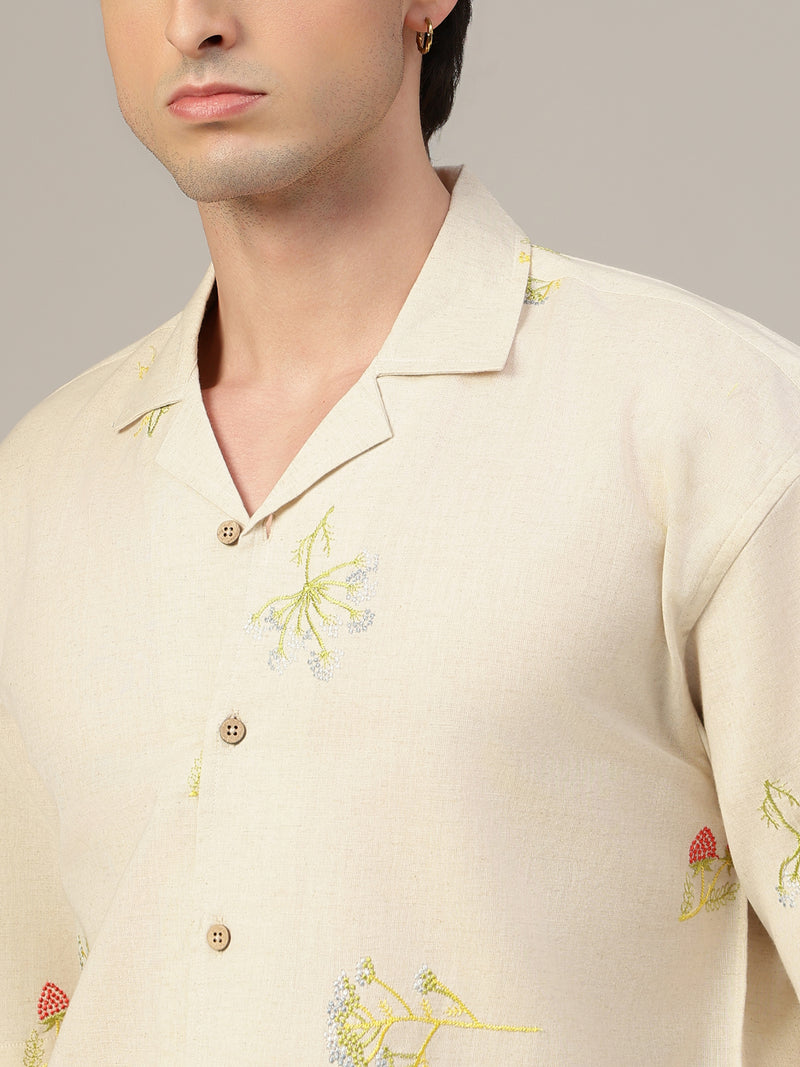 Off White Embroidered Oversized Casual Shirt