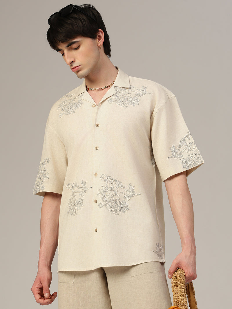 Off White & Black Embroidered Oversized Casual Shirt