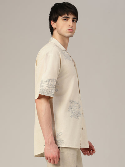 Off White & Black Embroidered Oversized Casual Shirt