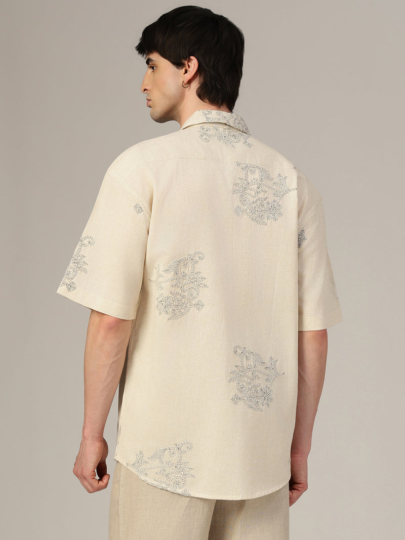 Off White & Black Embroidered Oversized Casual Shirt