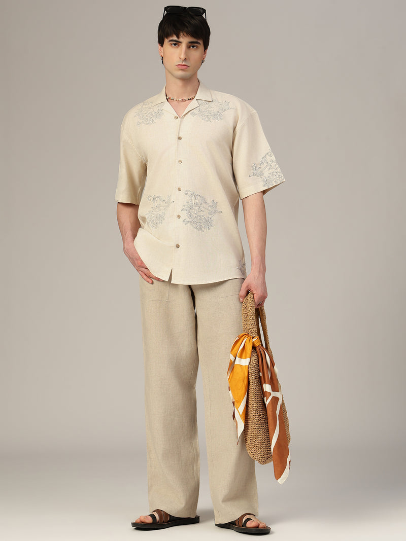 Off White & Black Embroidered Oversized Casual Shirt