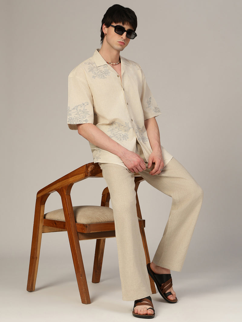 Off White & Black Embroidered Oversized Casual Shirt