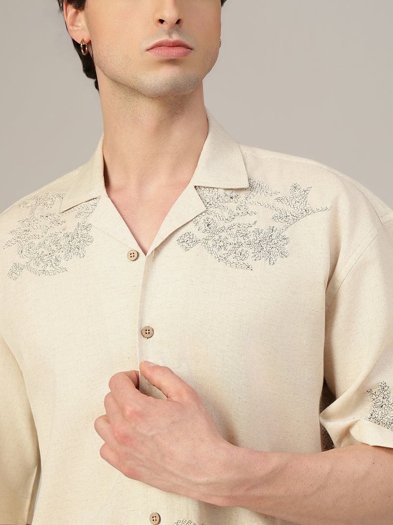 Off White & Black Embroidered Oversized Casual Shirt