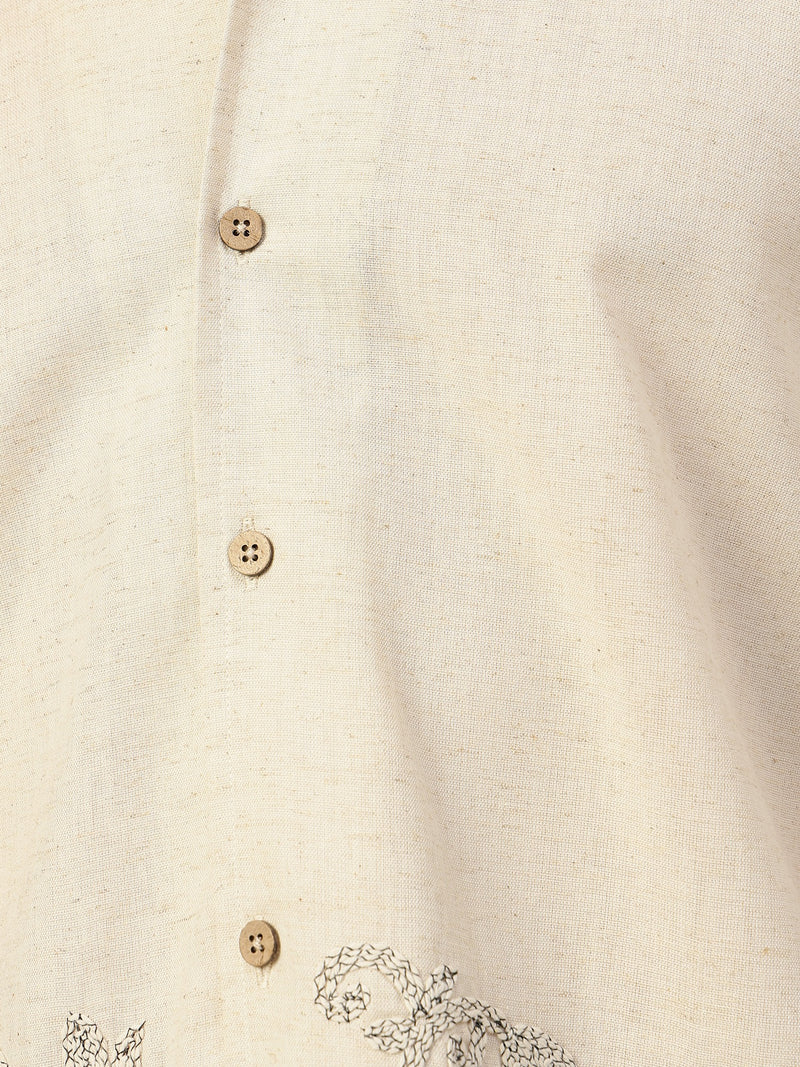 Off White & Black Embroidered Oversized Casual Shirt