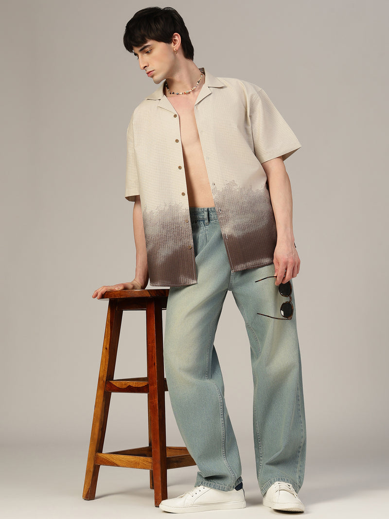 Cream & Grey Ombre Printed Oversized Shirt