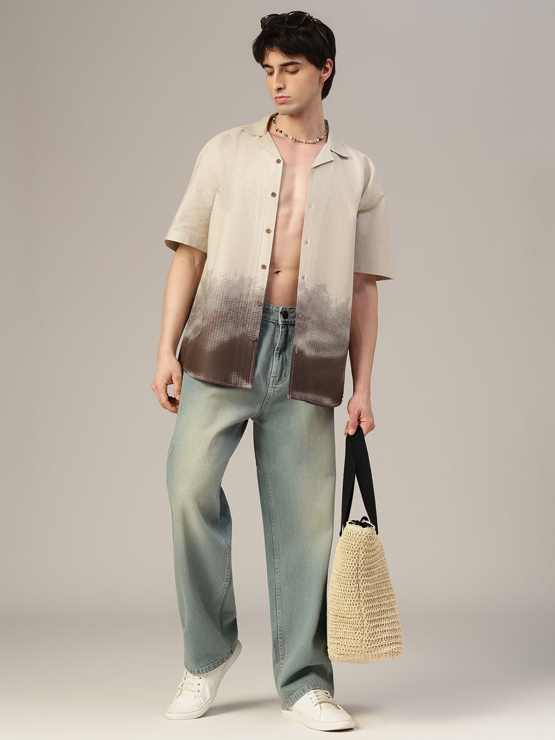 Cream & Grey Ombre Printed Oversized Shirt