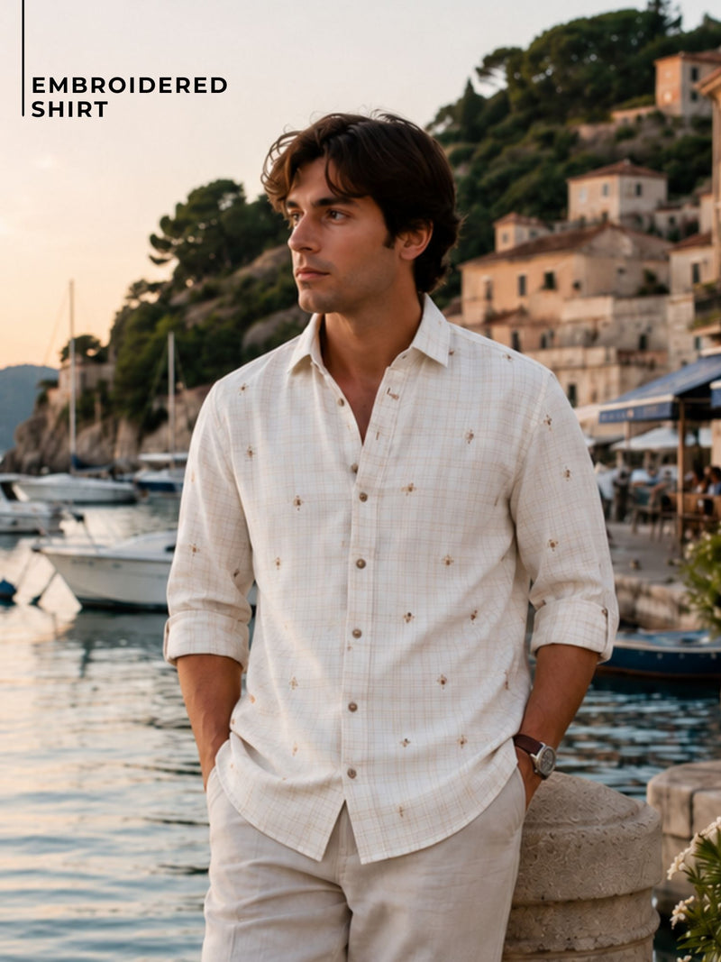 White & Beige Embroidered & Check Oversized Casual Shirt