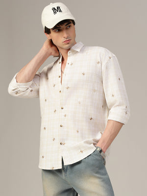 White & Beige Embroidered & Check Oversized Casual Shirt