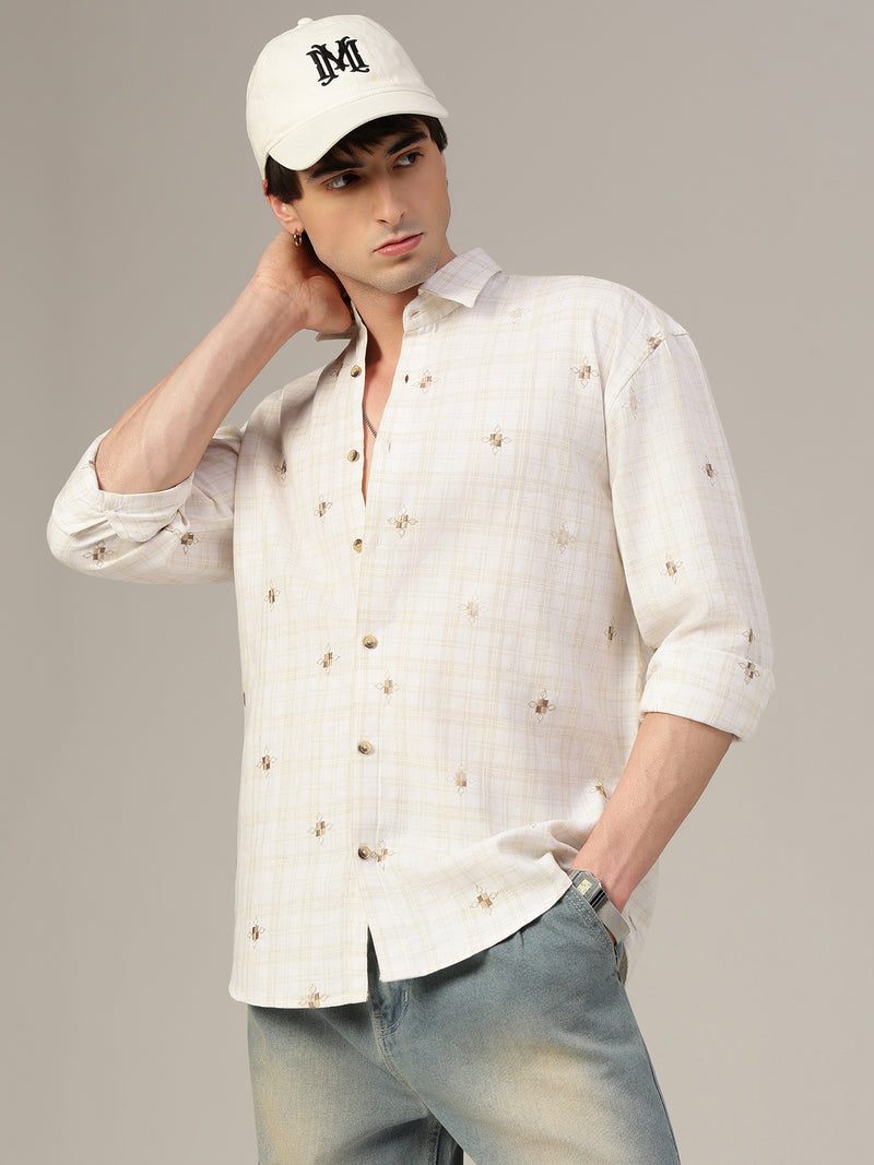 White & Beige Embroidered & Check Oversized Casual Shirt