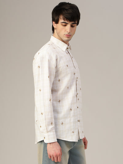 White & Beige Embroidered & Check Oversized Casual Shirt