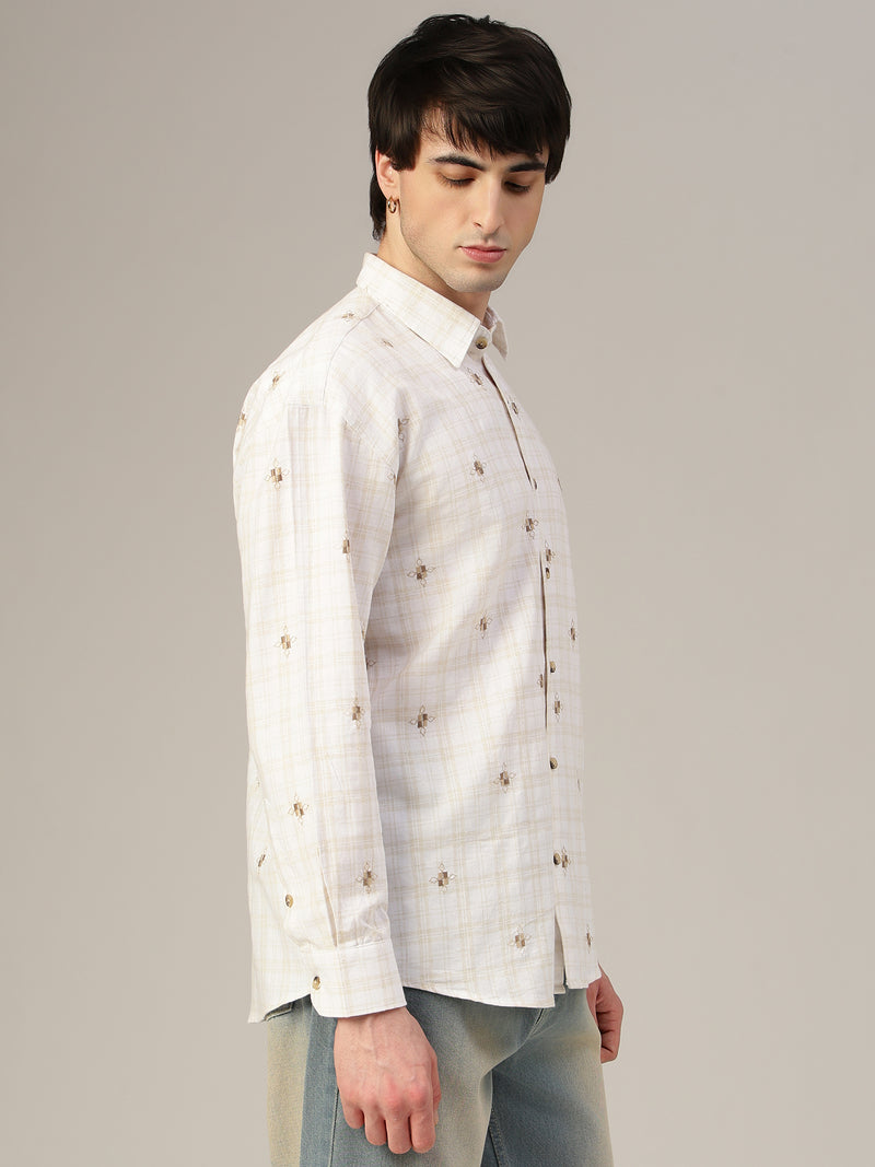 White & Beige Embroidered & Check Oversized Casual Shirt