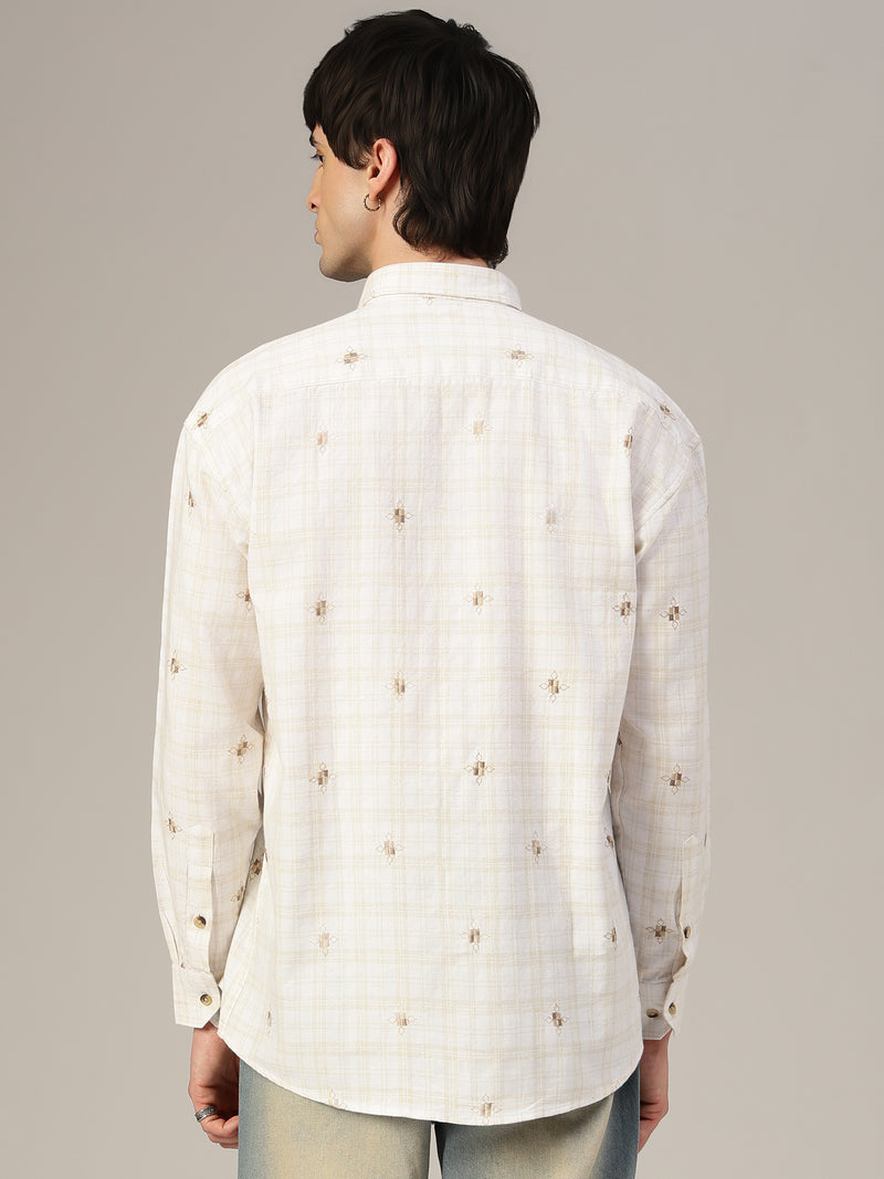 White & Beige Embroidered & Check Oversized Casual Shirt