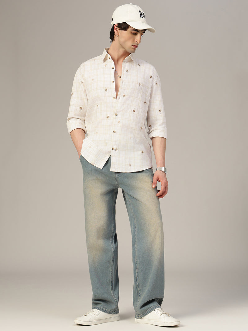 White & Beige Embroidered & Check Oversized Casual Shirt