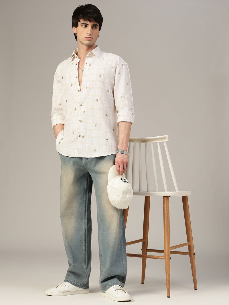 White & Beige Embroidered & Check Oversized Casual Shirt