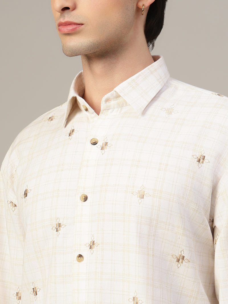 White & Beige Embroidered & Check Oversized Casual Shirt