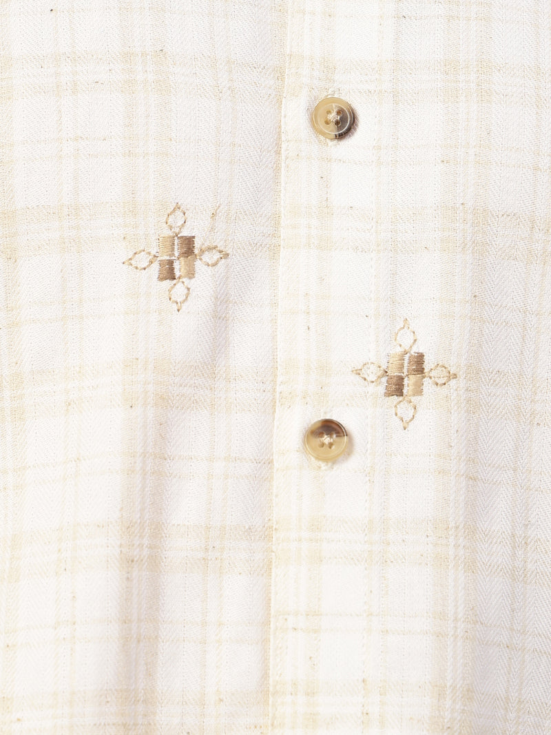 White & Beige Embroidered & Check Oversized Casual Shirt