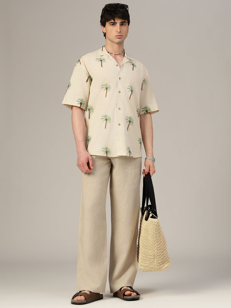 Off White Embroidered Drop-Shoulder Casual Shirt