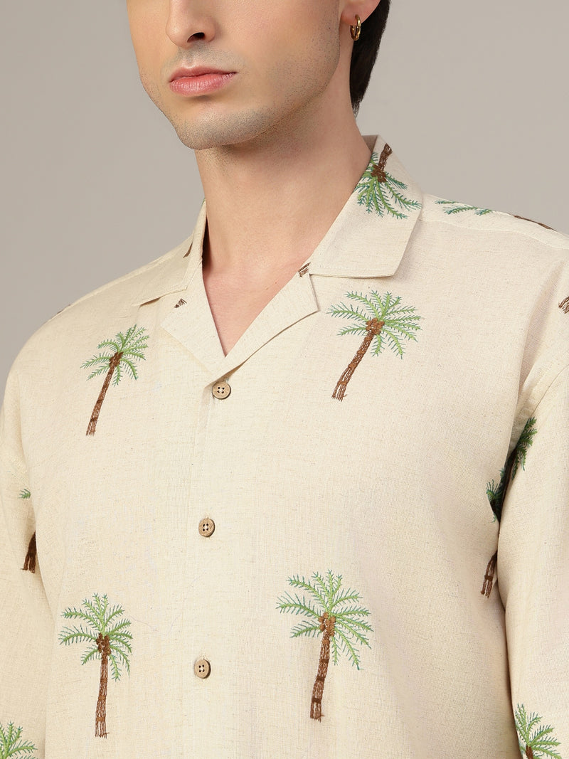 Off White Embroidered Drop-Shoulder Casual Shirt