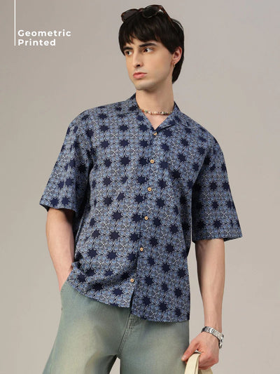 Blue Geometric Printed Oversized Shirt