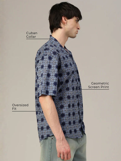 Blue Geometric Printed Oversized Shirt