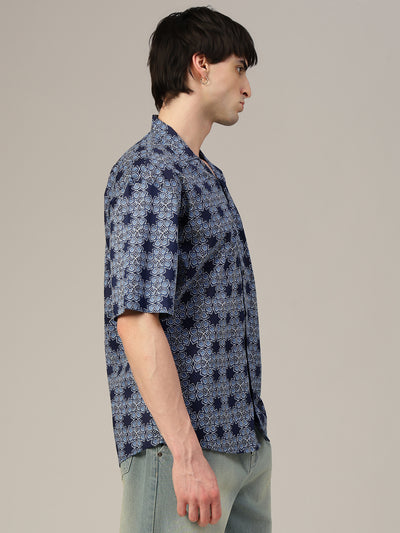 Blue Geometric Printed Oversized Shirt