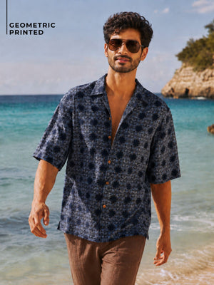 Blue Geometric Printed Oversized Shirt