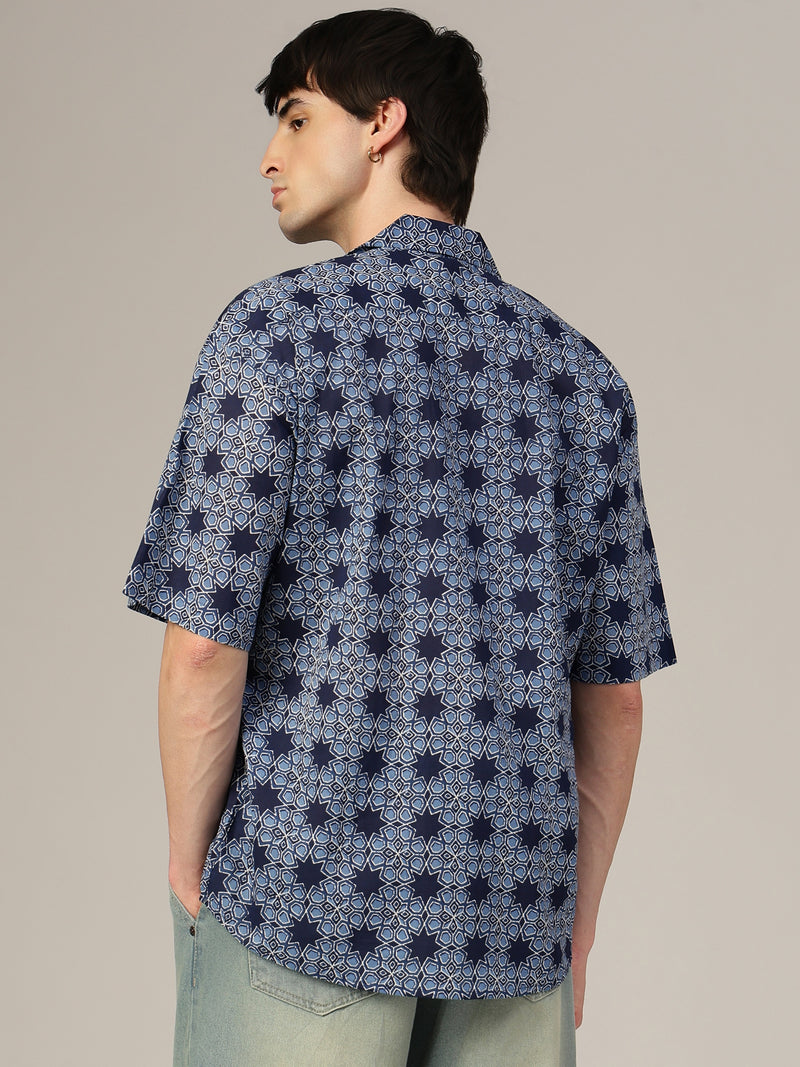 Blue Geometric Printed Oversized Shirt