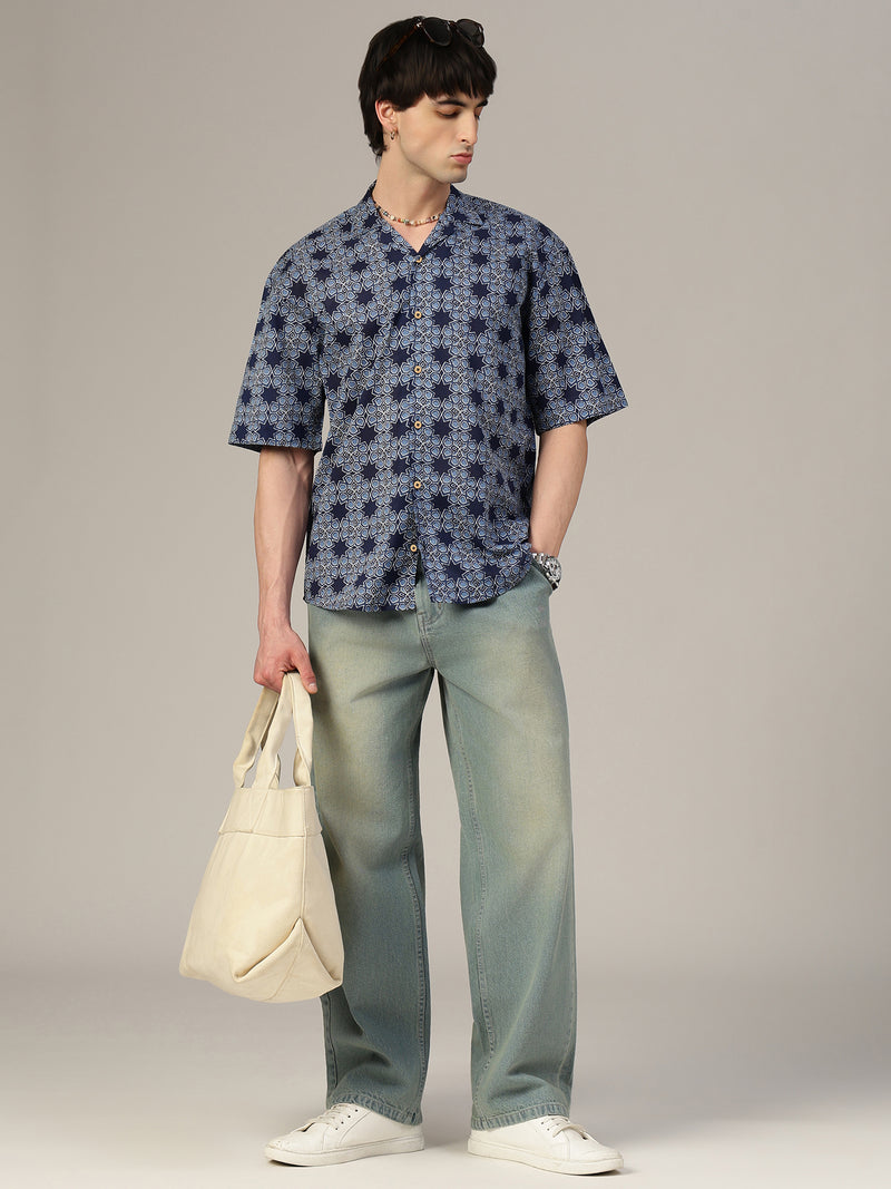 Blue Geometric Printed Oversized Shirt