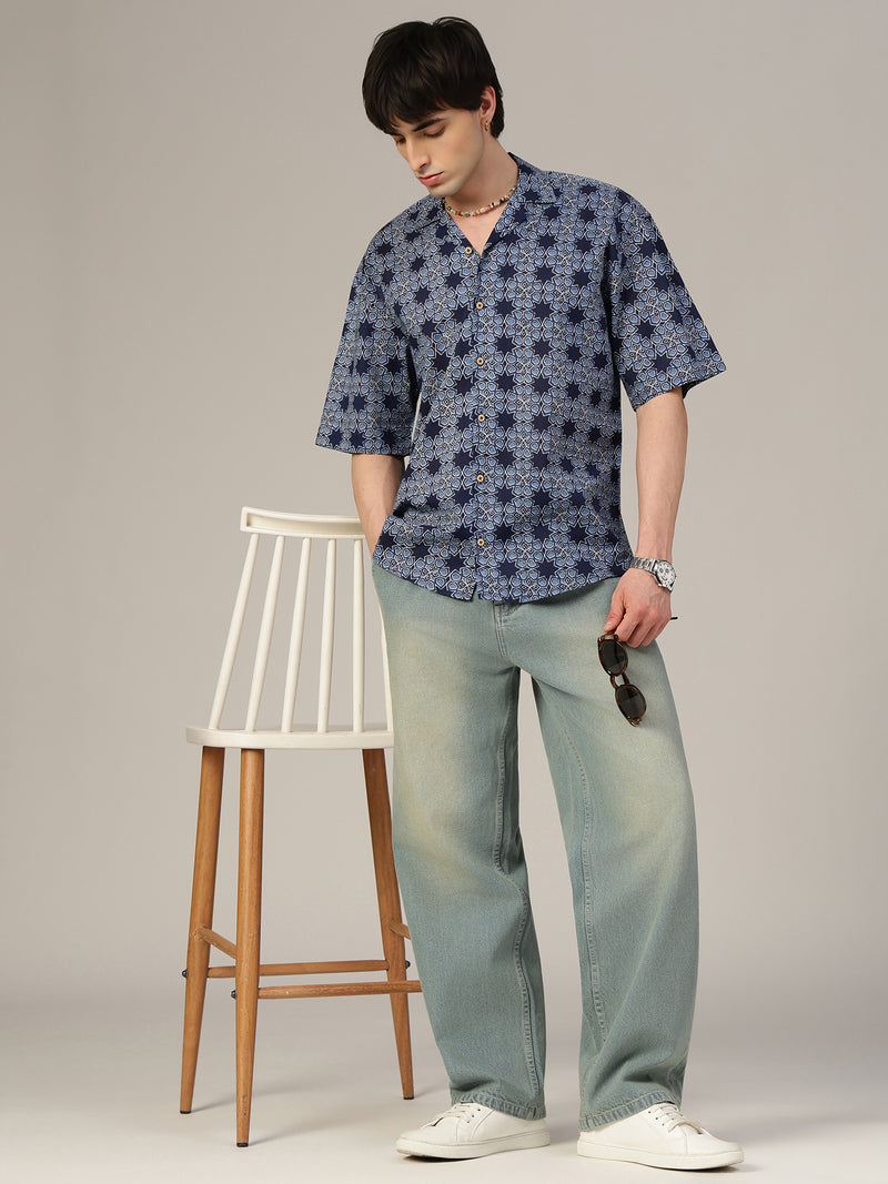 Blue Geometric Printed Oversized Shirt