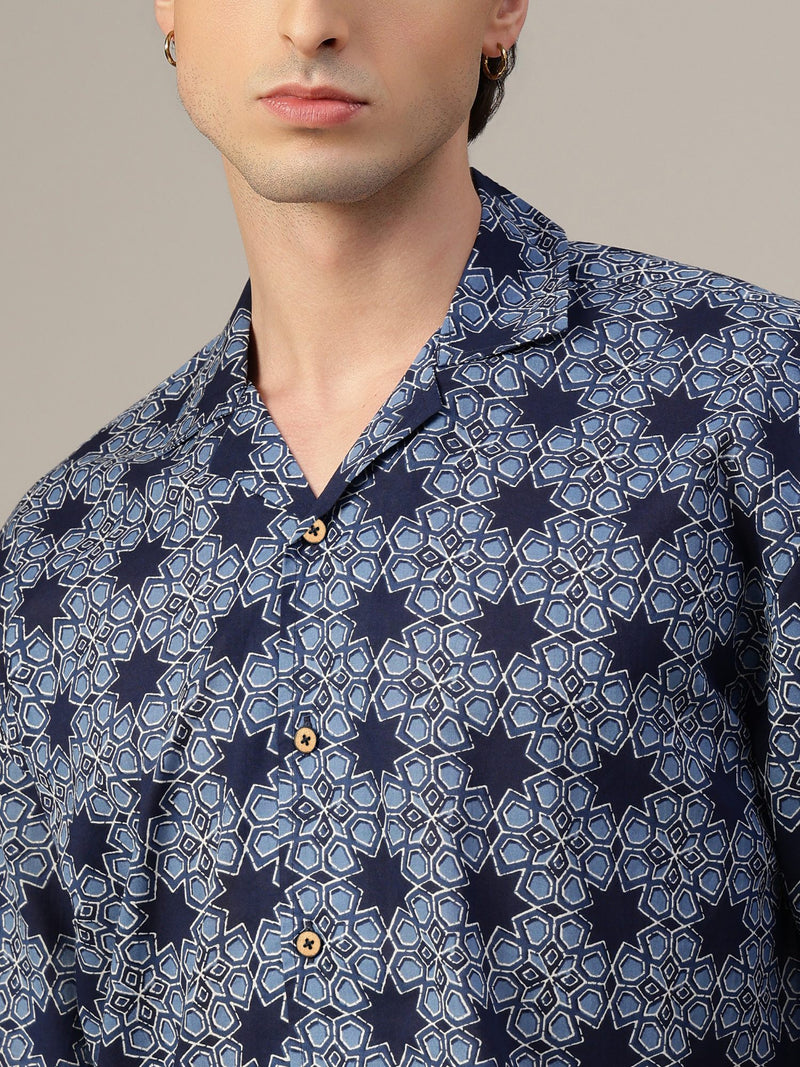 Blue Geometric Printed Oversized Shirt
