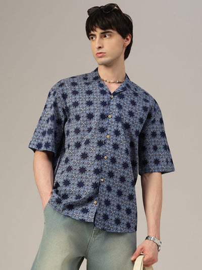 Blue Geometric Printed Oversized Shirt