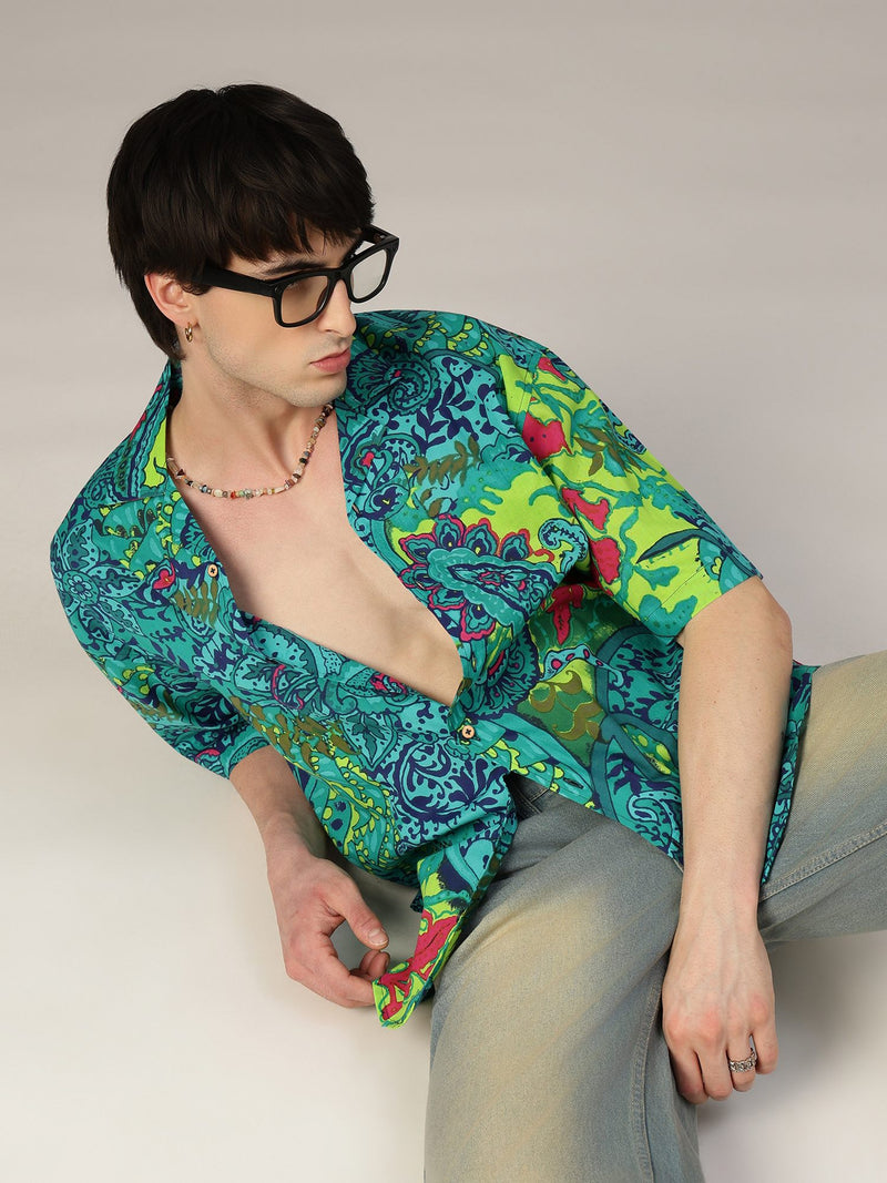 Teal Psychedelic Print Oversized Drop-Shoulder Shirt