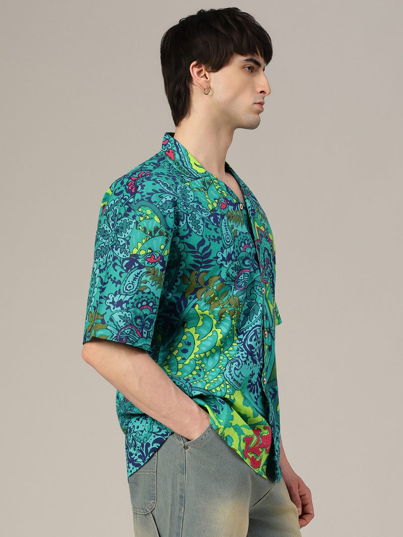 Teal Psychedelic Print Oversized Drop-Shoulder Shirt
