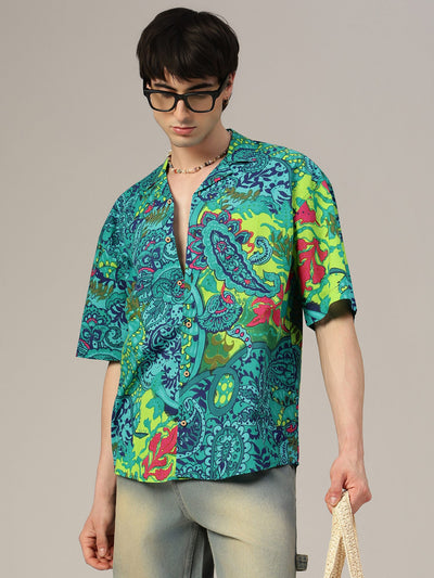 Teal Psychedelic Print Oversized Drop-Shoulder Shirt