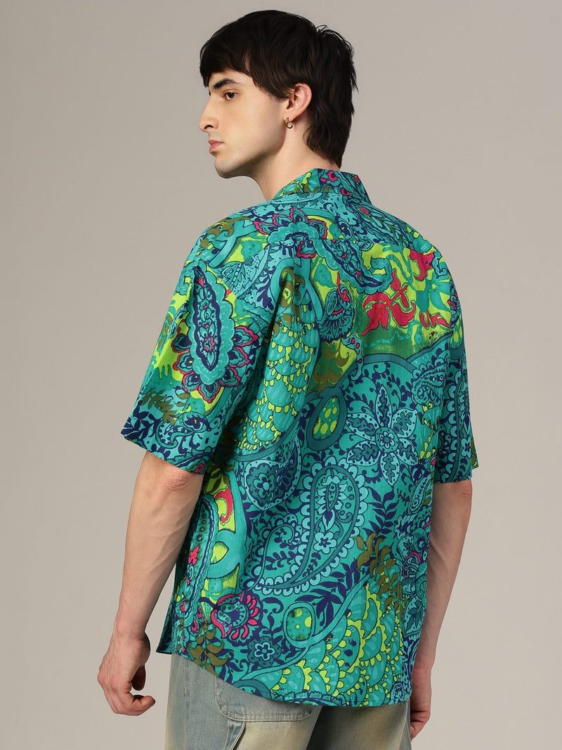 Teal Psychedelic Print Oversized Drop-Shoulder Shirt