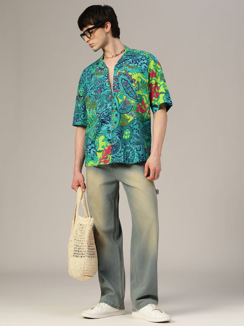 Teal Psychedelic Print Oversized Drop-Shoulder Shirt