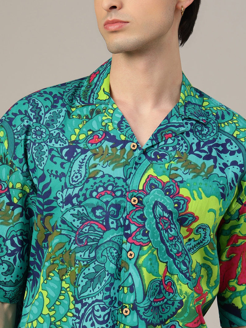 Teal Psychedelic Print Oversized Drop-Shoulder Shirt