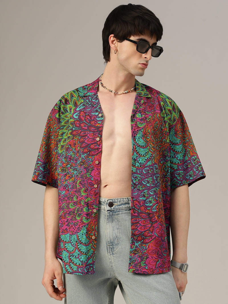 Pink & Green Psychedelic Print Oversized Shirt