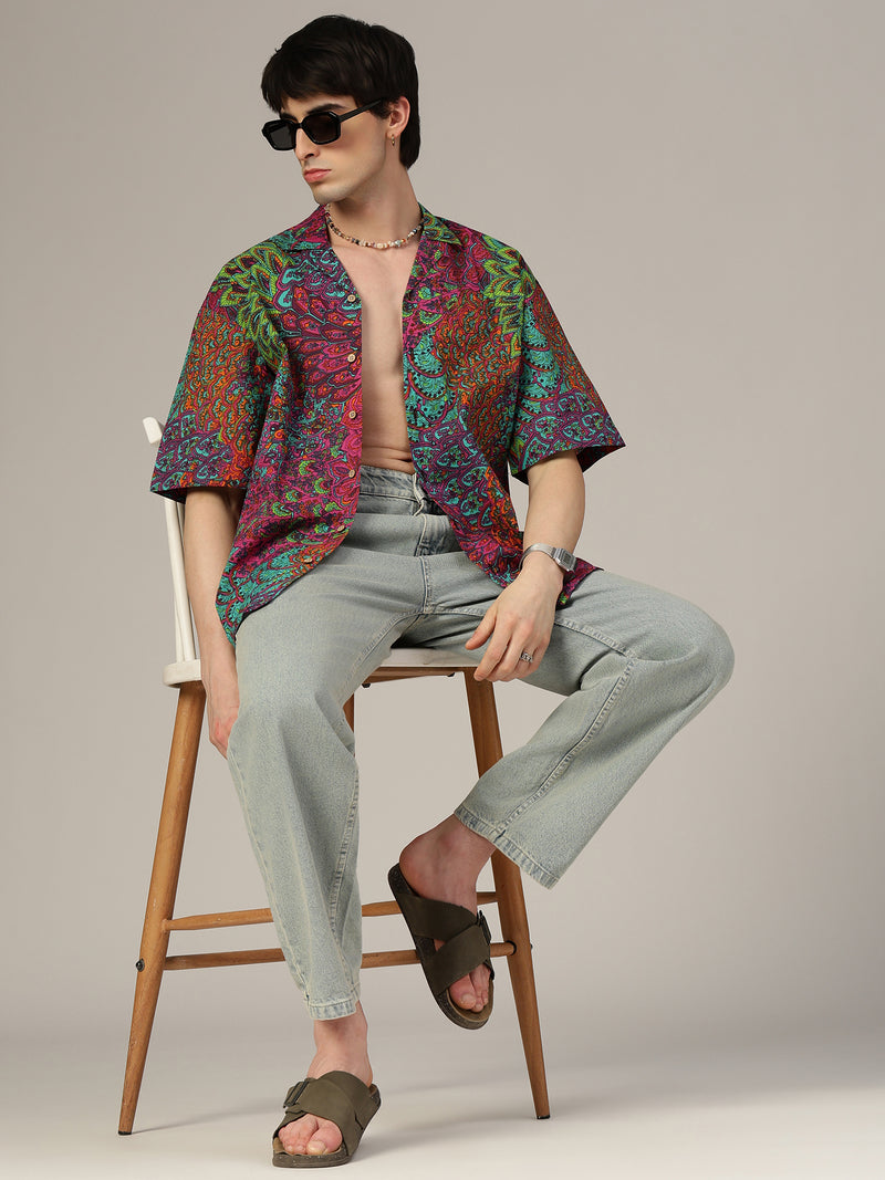 Pink & Green Psychedelic Print Oversized Shirt