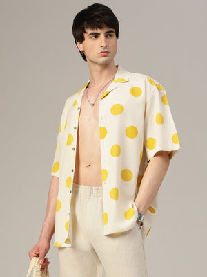 Off White & Yellow Polka Dots Drop-Shoulder Oversized Shirt