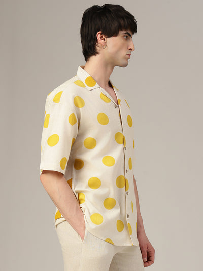 Off White & Yellow Polka Dots Drop-Shoulder Oversized Shirt